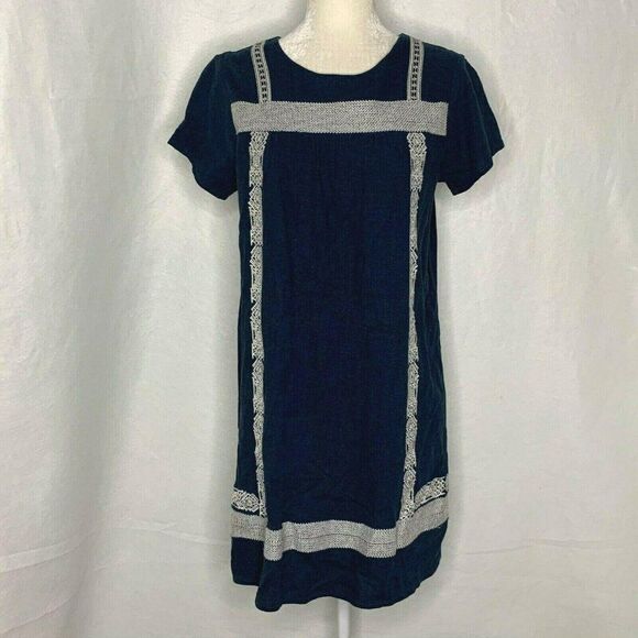 Brass Roe by CTS Shift Dress M Blue White Embroidery Button Keyhole Back - Picture 2 of 6